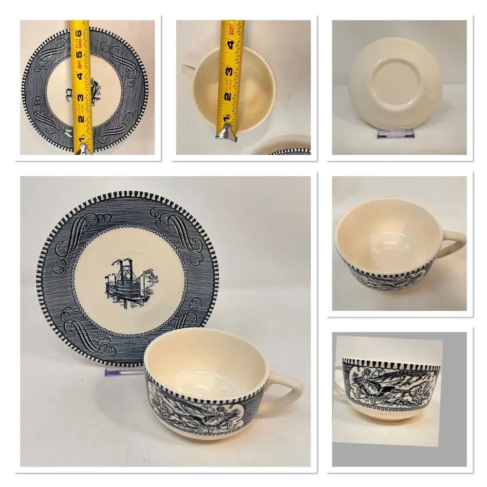 Vintage Royal China Currier and Ives Blue Transferware 5 Piece Dinnerware Set